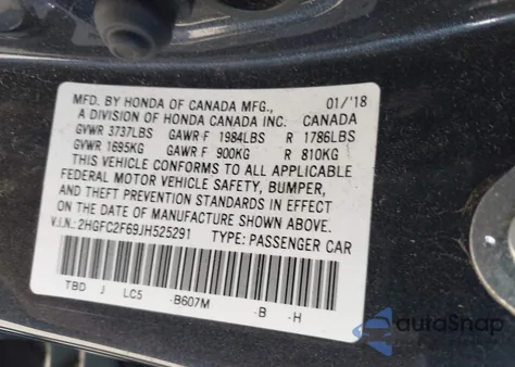 2018 Honda Civic Lx из США, поврежденный, VIN 2HGFC2F69JH525291